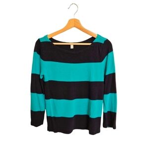 J. Crew Rugby Stripe Boatneck Linen Blend Top Teal / Dark Navy Blue Shirt Size S